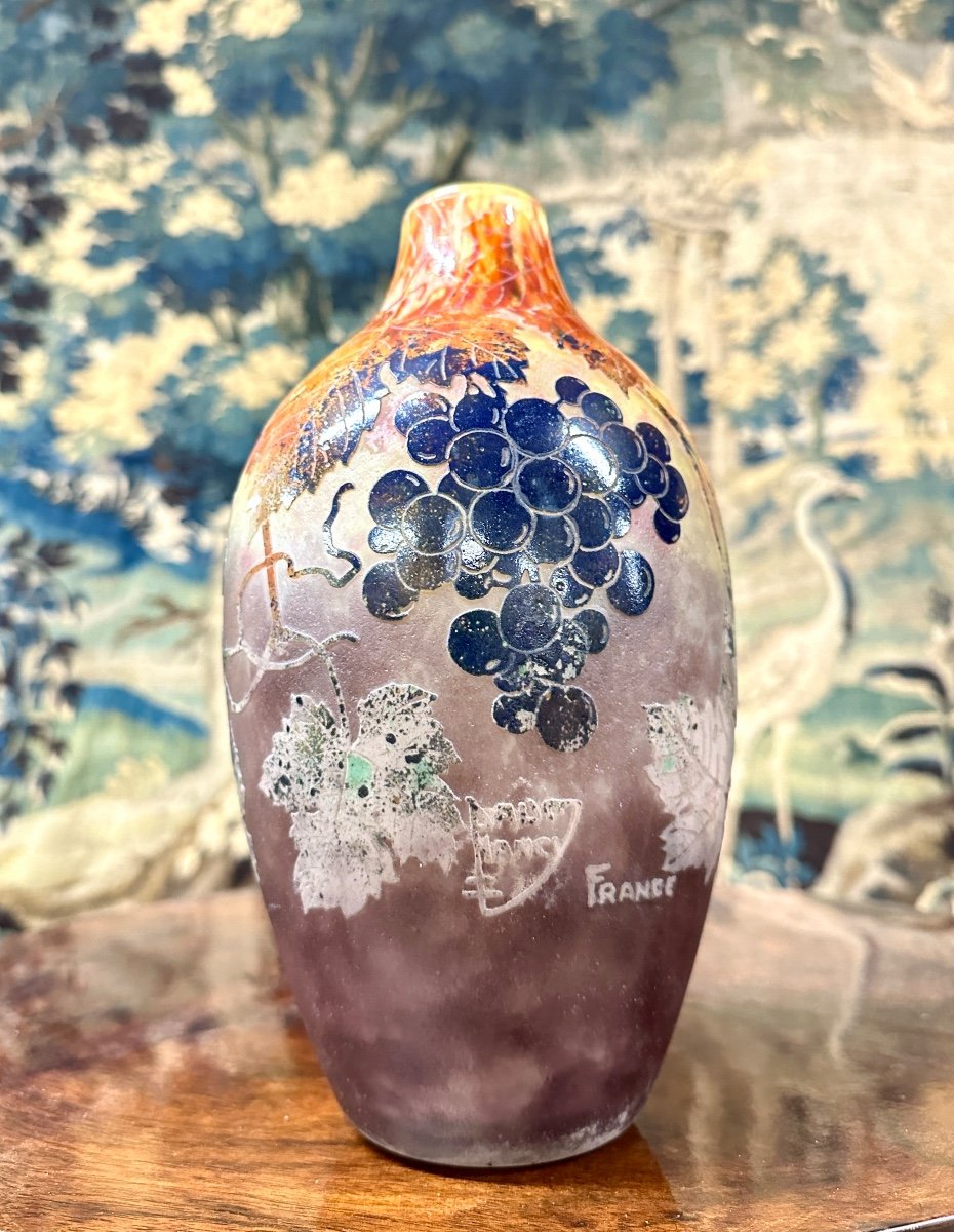 Daum Nancy - Vase Aux Vignes Et Raisins Dégagé à L’acide. Pâte De Verre Art Nouveau-photo-2
