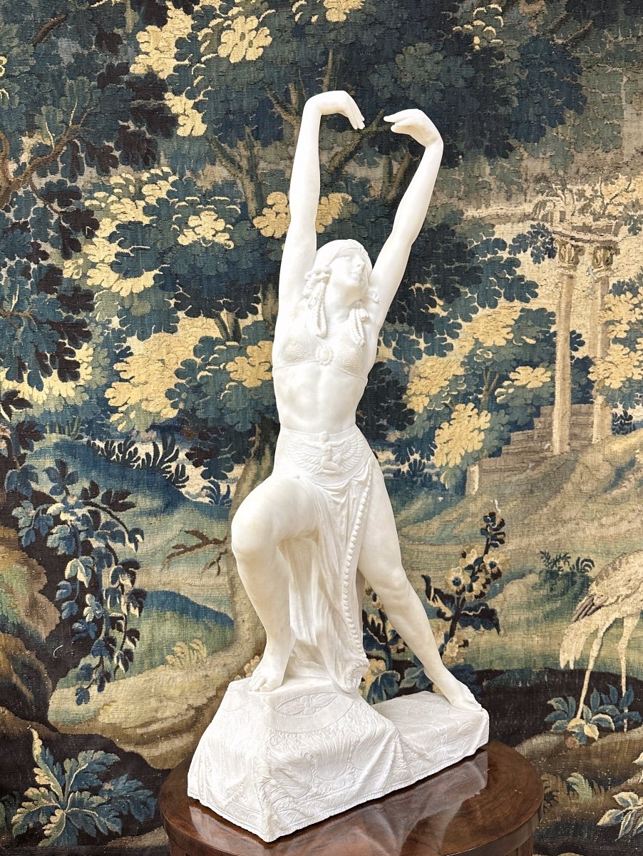 Alfredo Morelli - Egyptian Dancer, 92 Cm Sculpture In White Carrara Marble, Art Deco-photo-2