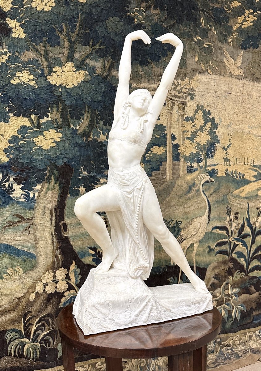 Alfredo Morelli - Egyptian Dancer, 92 Cm Sculpture In White Carrara Marble, Art Deco-photo-4