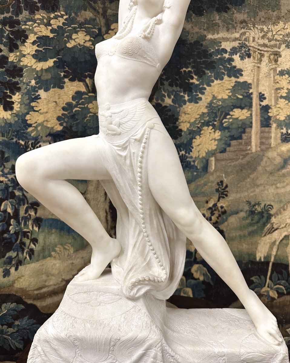 Alfredo Morelli - Egyptian Dancer, 92 Cm Sculpture In White Carrara Marble, Art Deco-photo-3