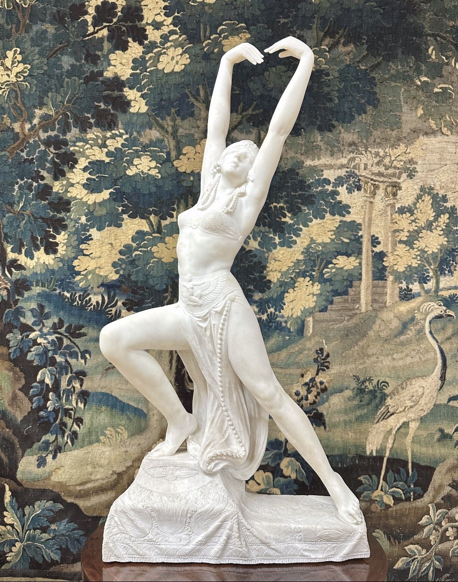 Alfredo Morelli - Egyptian Dancer, 92 Cm Sculpture In White Carrara Marble, Art Deco