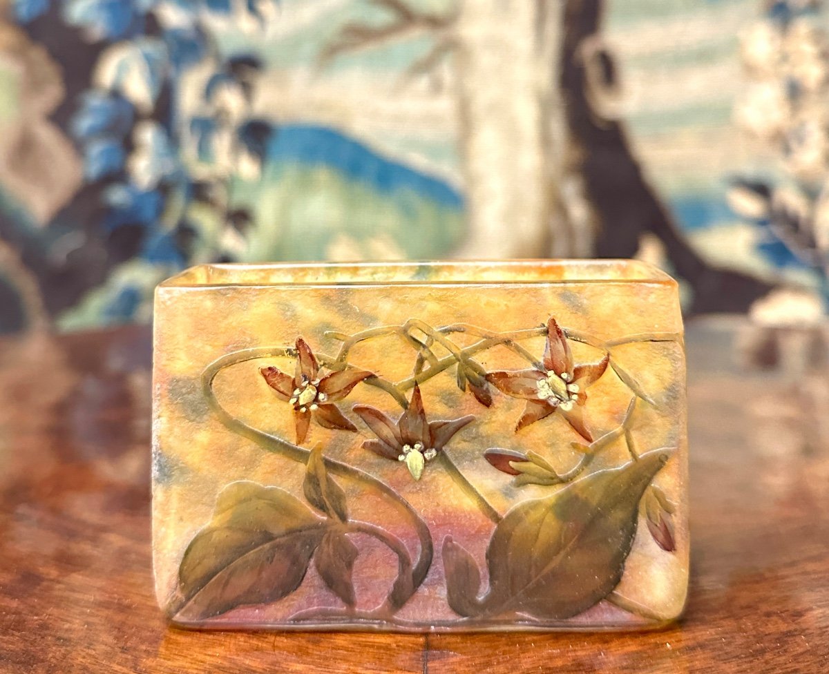 Daum Nancy - Small Jardiniere Or Rectangular Vase With Clematis, Art Nouveau Glass-photo-3