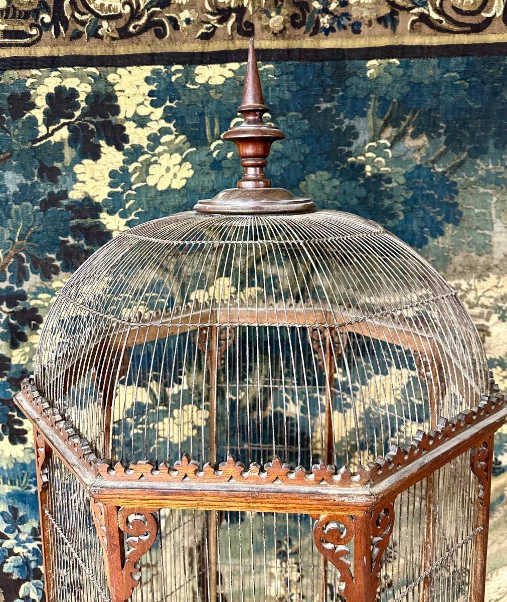 Cage à Oiseaux ou volière Ancienne En Bois Sculpté, Travail Vintage Vers 1900. -photo-4