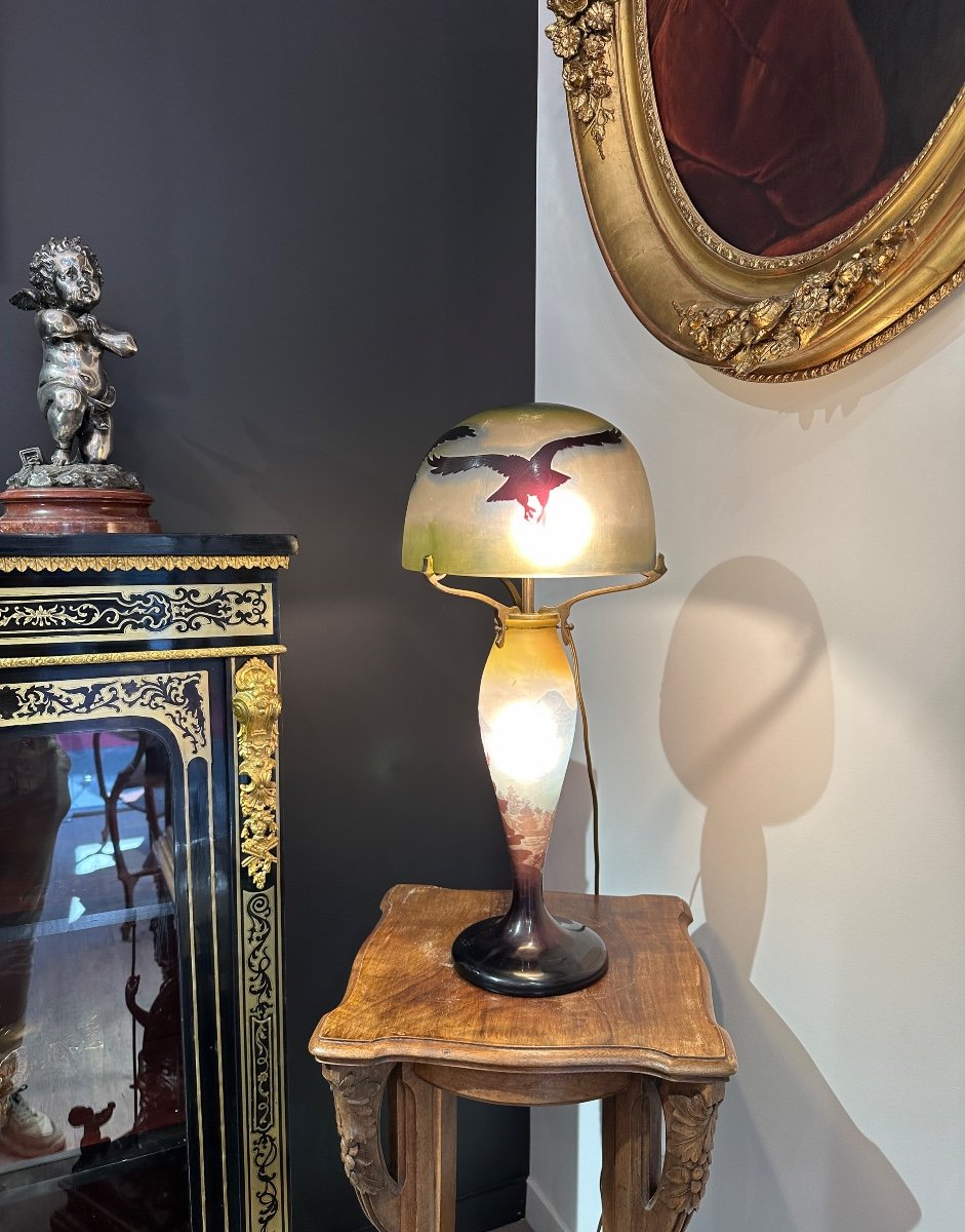 émile Gallé - Lampe Champignon à Décor D’aigles Et Paysages, Pâte De Verre Art Nouveau-photo-8