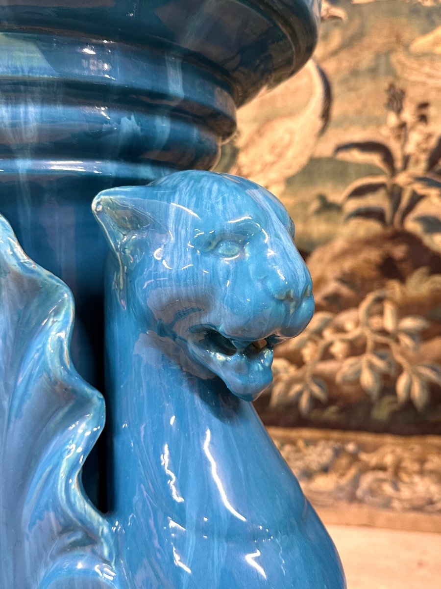 Clément Massier - Jardiniere Ou Cache Pot Sur Colonne En Faïence Bleue Vernissée. Art Nouveau-photo-3