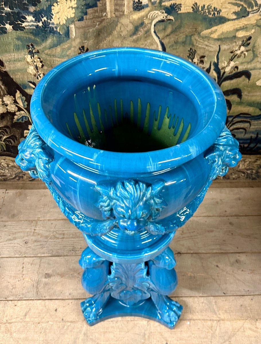 Clément Massier - Jardiniere Ou Cache Pot Sur Colonne En Faïence Bleue Vernissée. Art Nouveau-photo-4