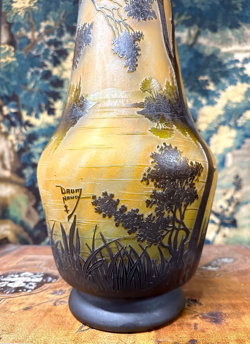 Daum Nancy - Important 53cm Vase Decorated With A Lake Landscape, Art Nouveau Glass Pate-photo-1