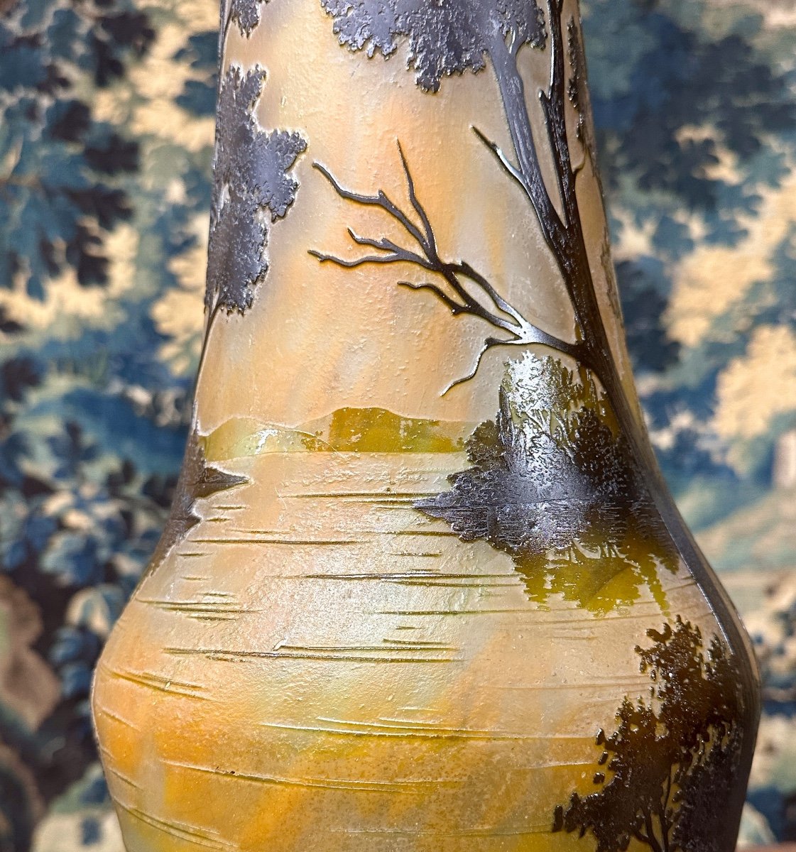 Daum Nancy - Important 53cm Vase Decorated With A Lake Landscape, Art Nouveau Glass Pate-photo-3