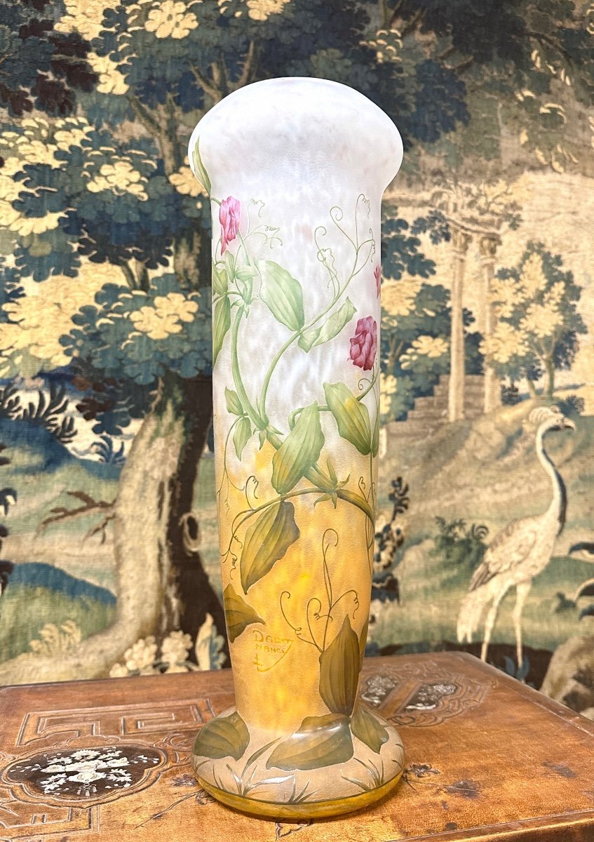 Daum Nancy - Grand Vase 52 Cm Aux Pois De Senteur En Verre émaillé. Pâte De Verre Art Nouveau-photo-2