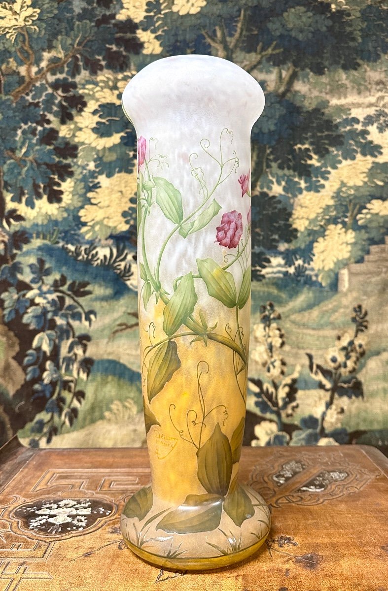 Daum Nancy - Grand Vase 52 Cm Aux Pois De Senteur En Verre émaillé. Pâte De Verre Art Nouveau-photo-4