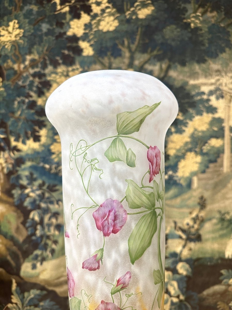 Daum Nancy - Grand Vase 52 Cm Aux Pois De Senteur En Verre émaillé. Pâte De Verre Art Nouveau-photo-1