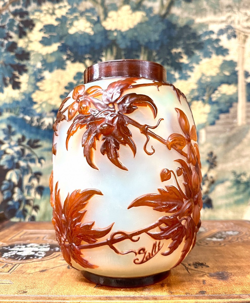 Emil Gallé - Rare Molded Blown Vase With Orange Clematis, Art Nouveau Glass Pate-photo-2