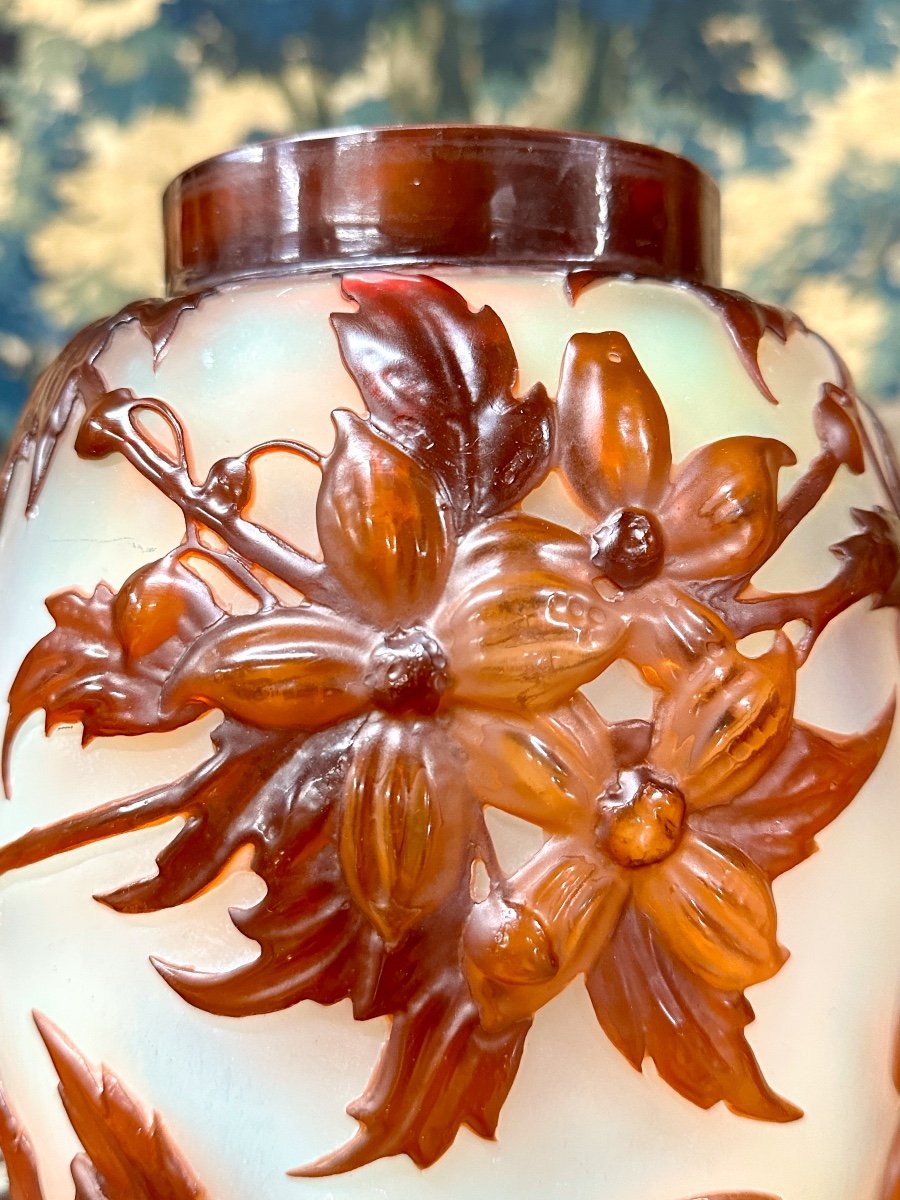 Emil Gallé - Rare Molded Blown Vase With Orange Clematis, Art Nouveau Glass Pate-photo-3