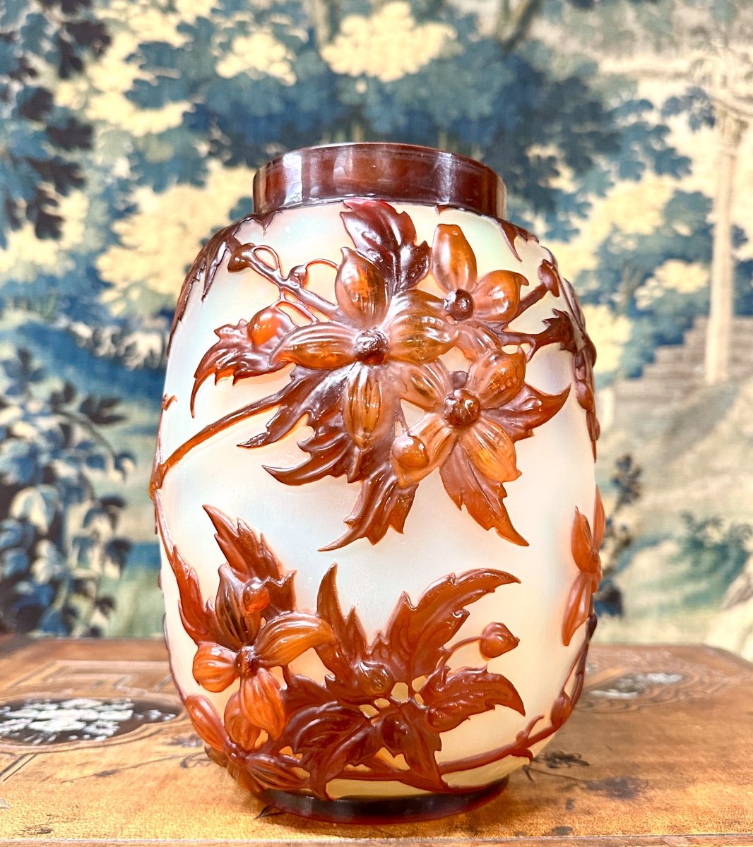 Emil Gallé - Rare Molded Blown Vase With Orange Clematis, Art Nouveau Glass Pate-photo-4