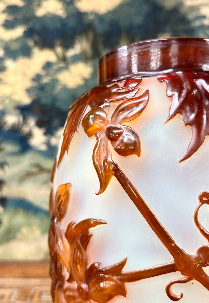 Emil Gallé - Rare Molded Blown Vase With Orange Clematis, Art Nouveau Glass Pate-photo-2