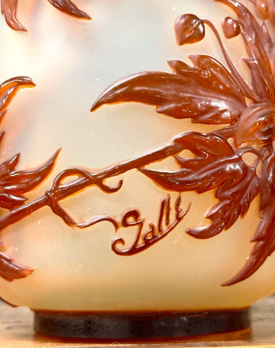 Emil Gallé - Rare Molded Blown Vase With Orange Clematis, Art Nouveau Glass Pate-photo-4