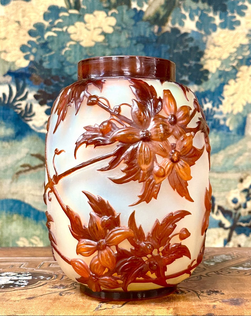 Emil Gallé - Rare Molded Blown Vase With Orange Clematis, Art Nouveau Glass Pate