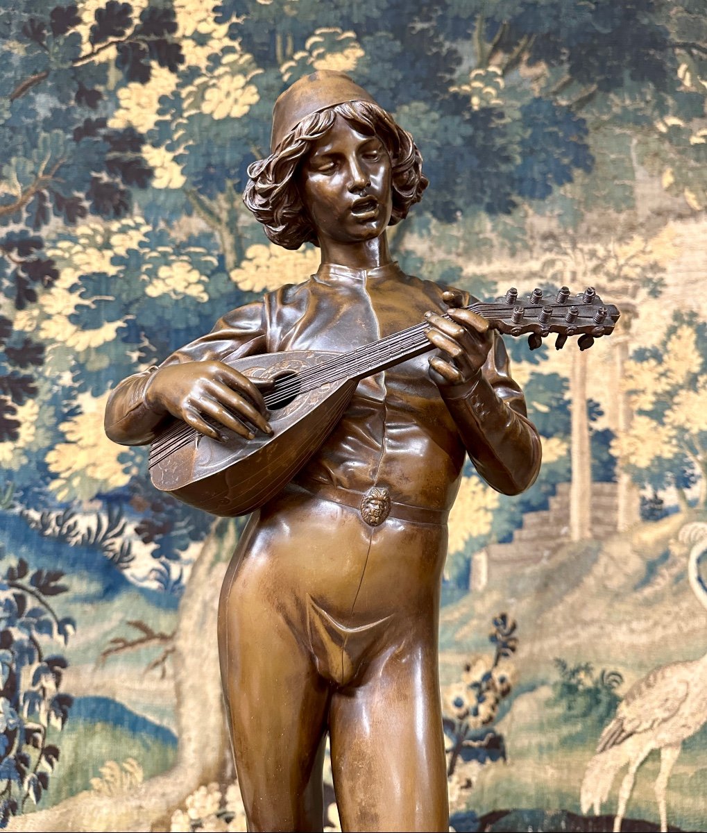 Paul Dubois - Le Chanteur Florentin, Bronze De 78cm à Patine Brune Fonte Barbedienne. -photo-2