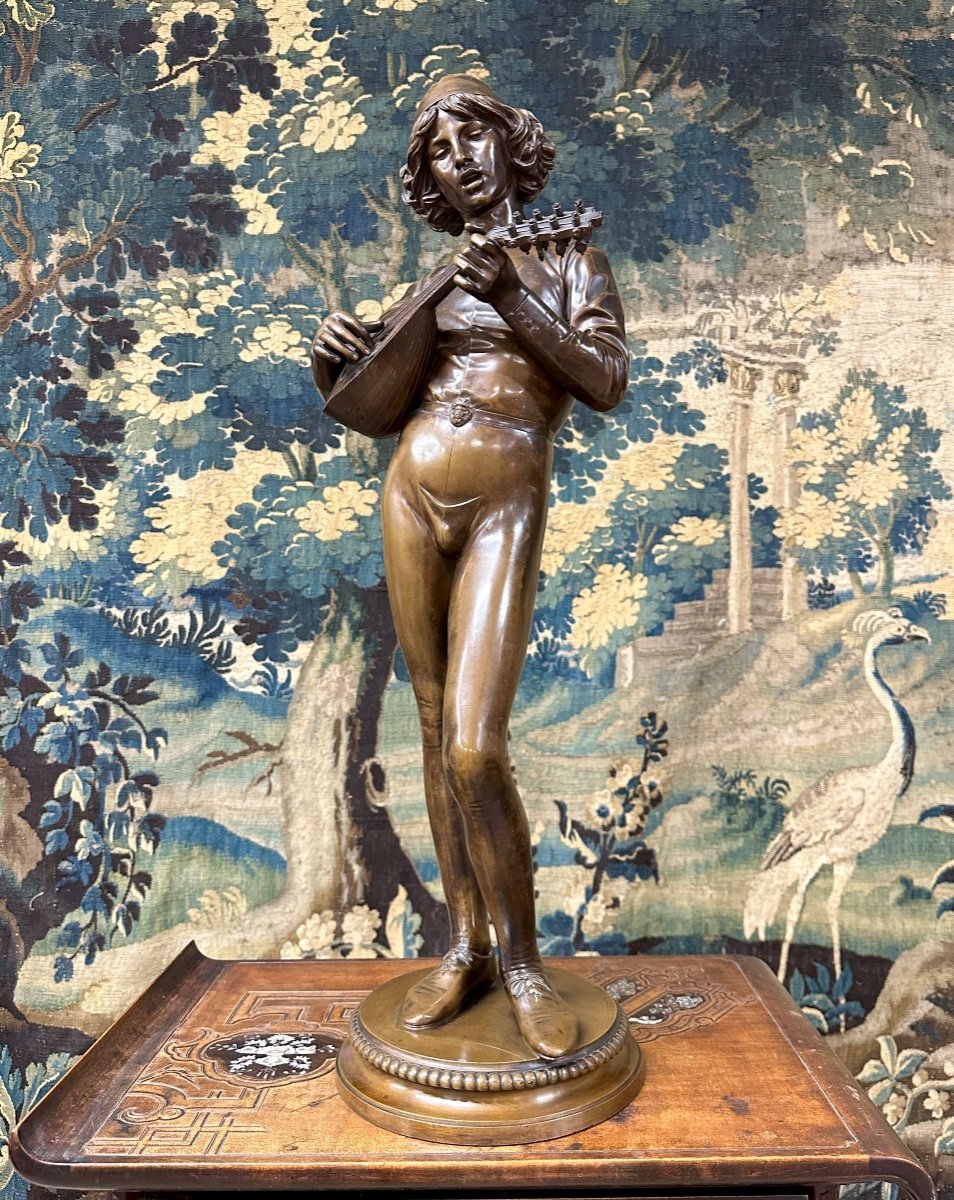 Paul Dubois - Le Chanteur Florentin, Bronze De 78cm à Patine Brune Fonte Barbedienne. -photo-3