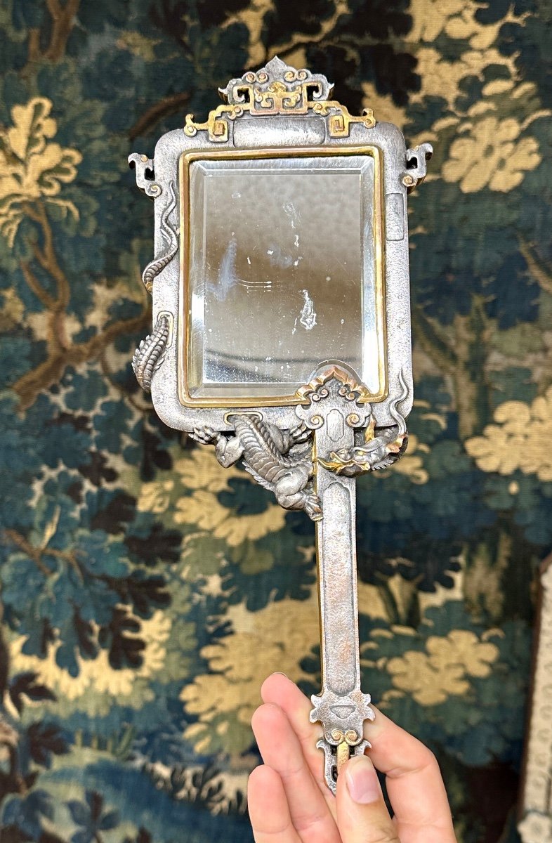 Japanese-style Portable Or Hand Mirror In Bronze With Dragon Decor. Attributed To Viardot-photo-2