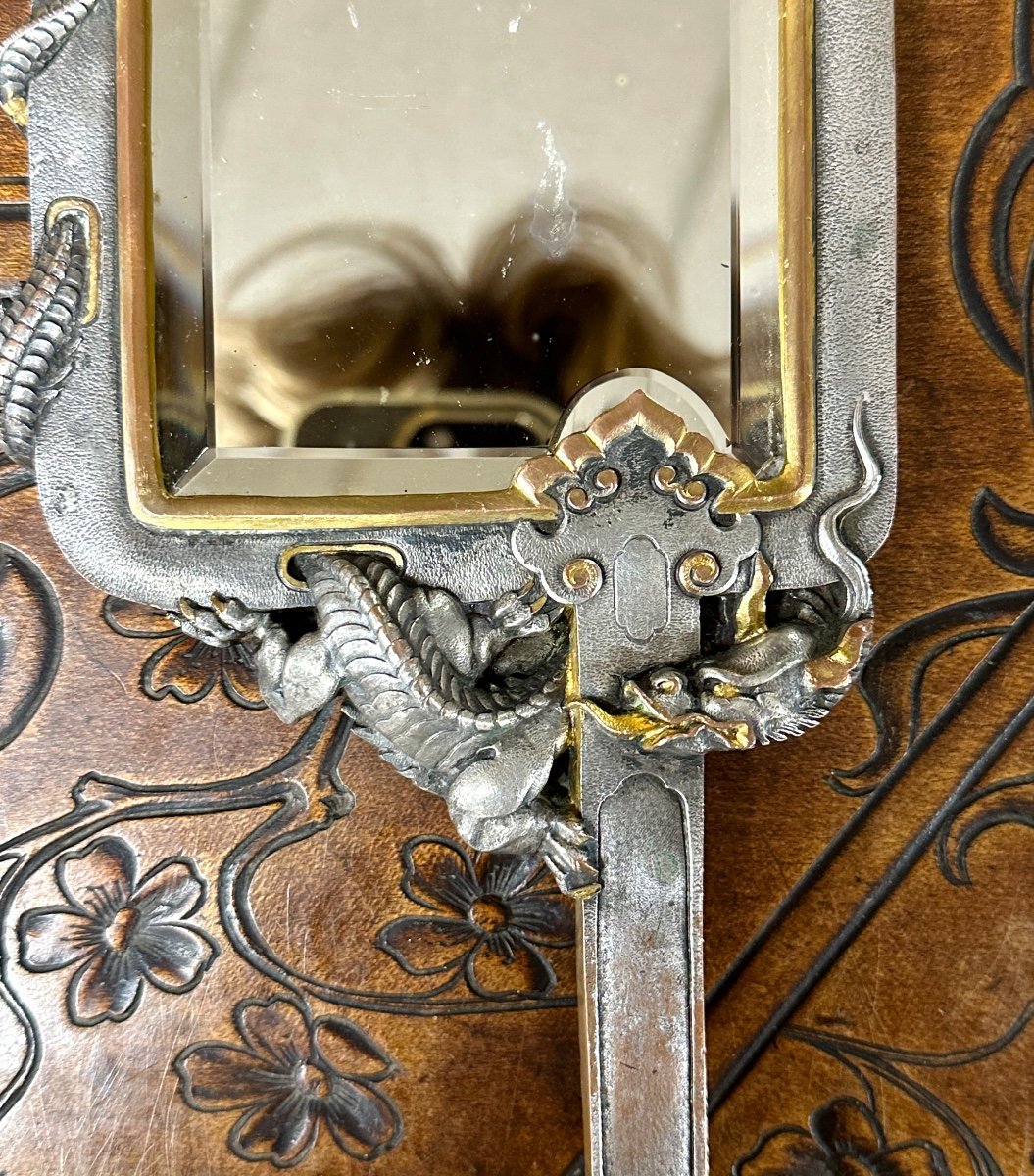 Japanese-style Portable Or Hand Mirror In Bronze With Dragon Decor. Attributed To Viardot-photo-2