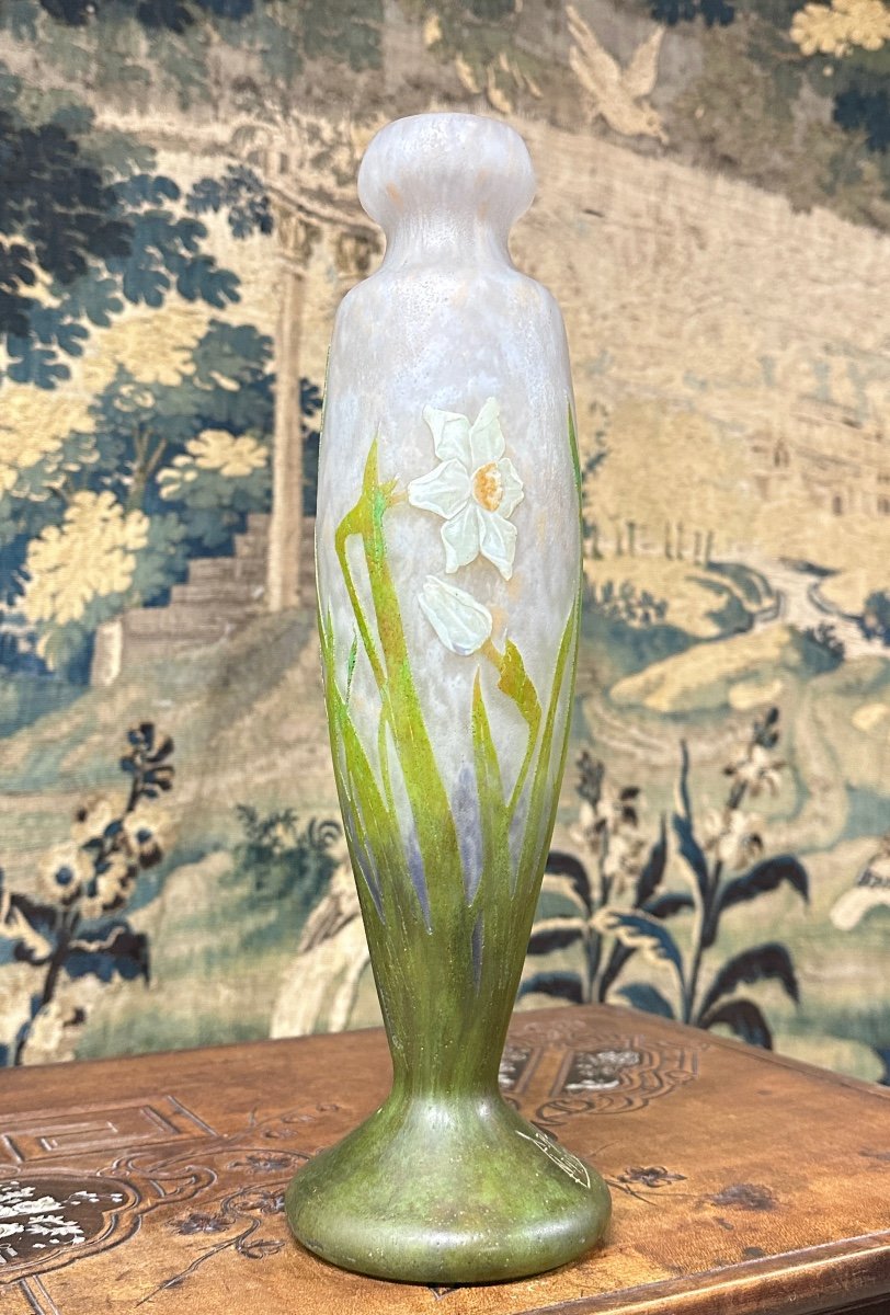 Daum Nancy - Large 38cm Vase Decorated With Daffodils In Platelets. Art Nouveau Glass Paste-photo-2