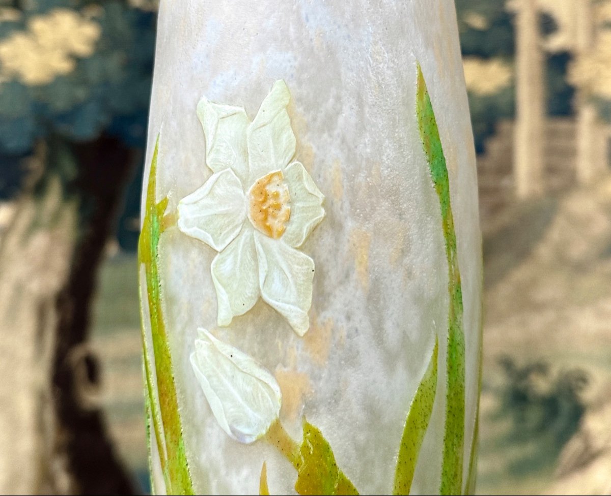 Daum Nancy - Large 38cm Vase Decorated With Daffodils In Platelets. Art Nouveau Glass Paste-photo-3