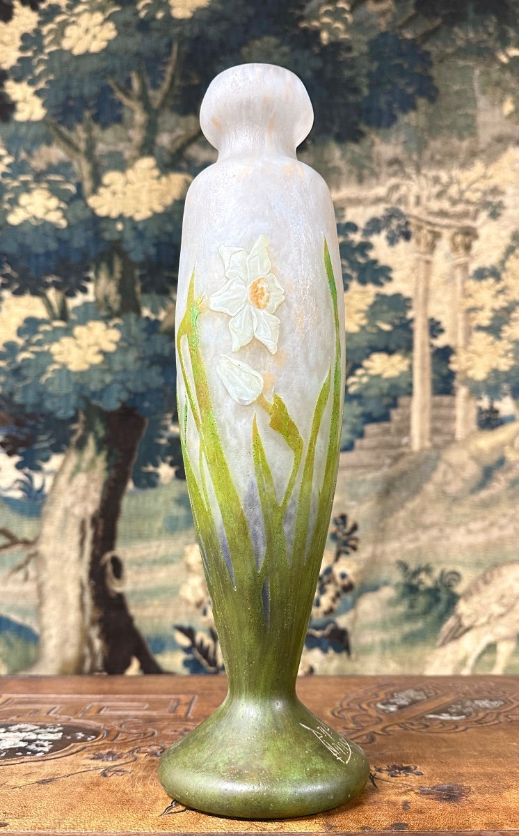 Daum Nancy - Large 38cm Vase Decorated With Daffodils In Platelets. Art Nouveau Glass Paste-photo-4