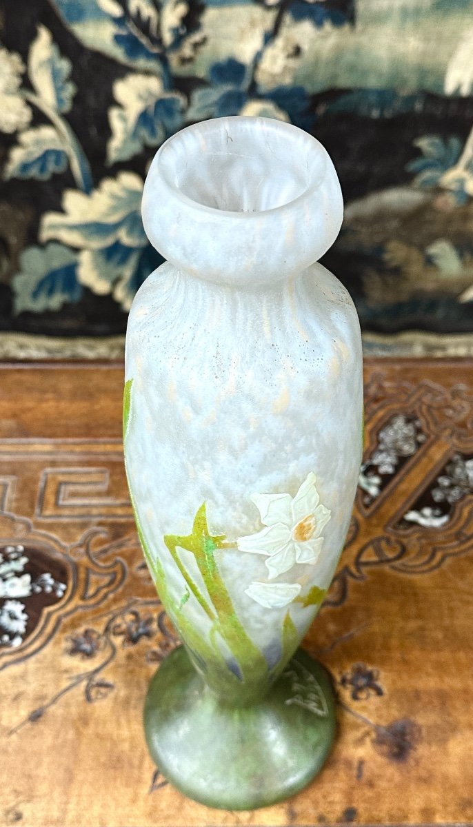 Daum Nancy - Large 38cm Vase Decorated With Daffodils In Platelets. Art Nouveau Glass Paste-photo-4