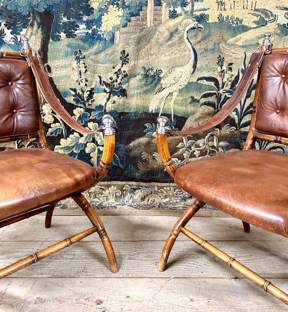 Pair Of 70s Armchairs In Wood Imitating Bamboo And Leather. Modern Work Circa 1970-photo-2