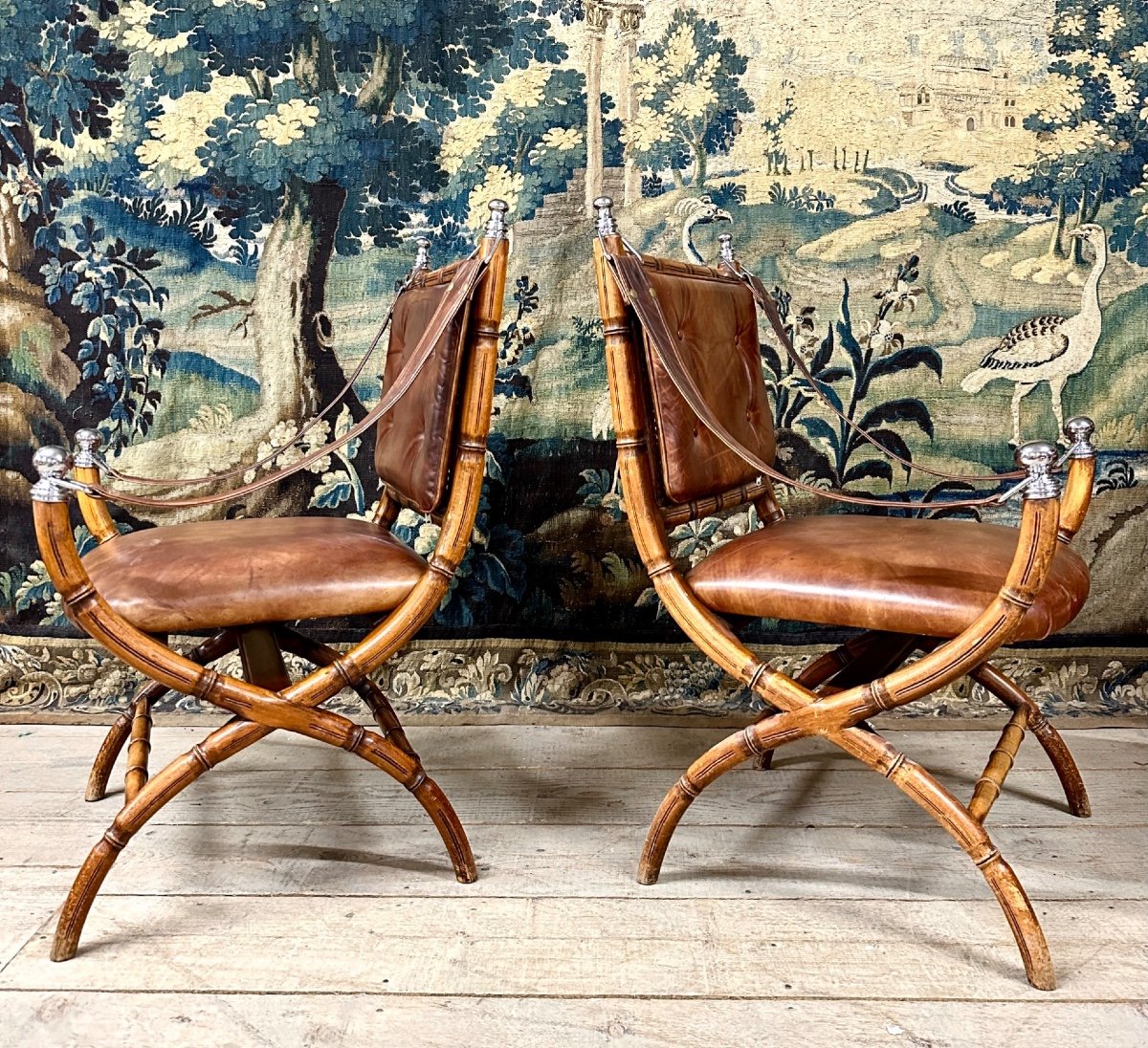 Pair Of 70s Armchairs In Wood Imitating Bamboo And Leather. Modern Work Circa 1970-photo-2