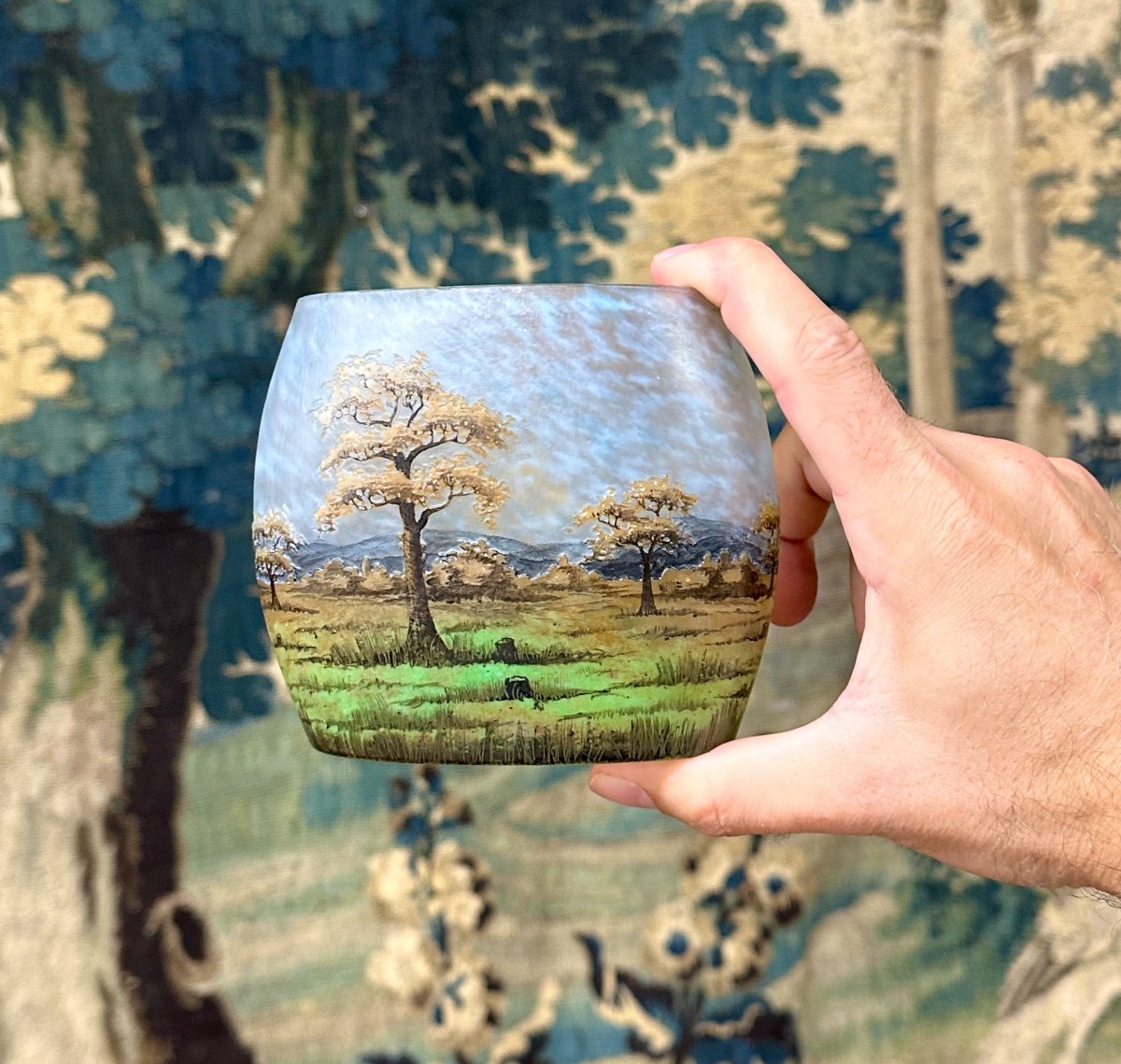 Daum Nancy - Vase With A Landscape Of Plains And Mountains In Enamelled Glass, Art Nouveau Glass Paste-photo-3