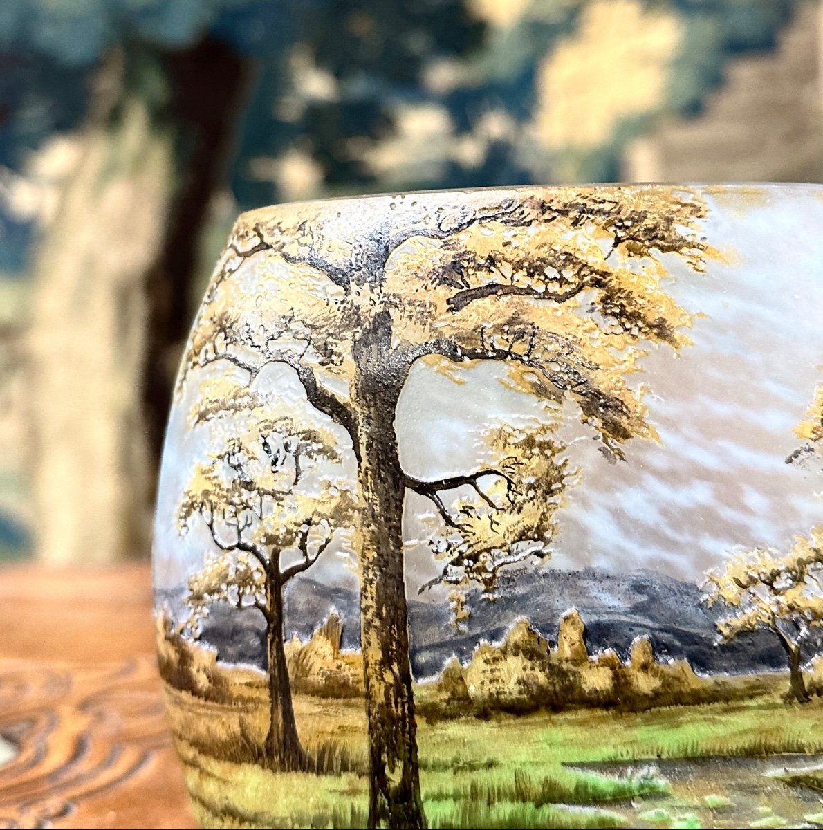 Daum Nancy - Vase With A Landscape Of Plains And Mountains In Enamelled Glass, Art Nouveau Glass Paste-photo-1