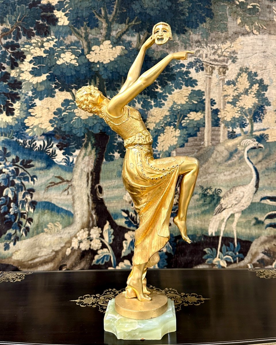 Joe Descomps - Dancer With Mask 64 Cm, Art Deco Gilt Bronze Subject, Circa 1920-photo-2