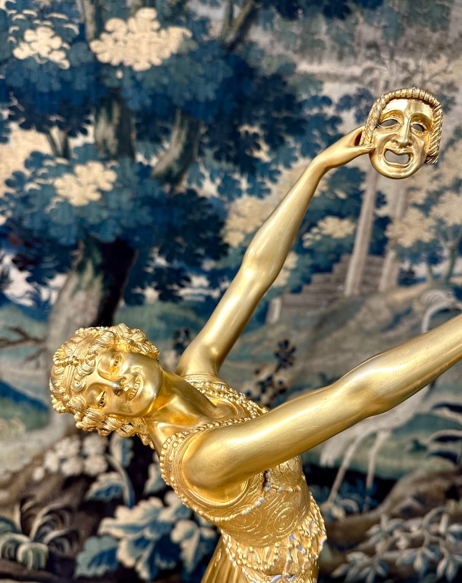 Joe Descomps - Dancer With Mask 64 Cm, Art Deco Gilt Bronze Subject, Circa 1920-photo-3