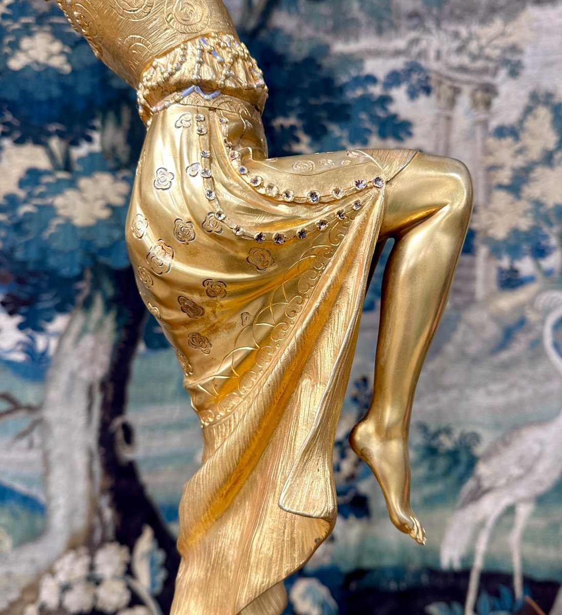 Joe Descomps - Danseuse Au Masque de 64 cm, Sujet En Bronze Doré Art Déco, Vers 1920-photo-2