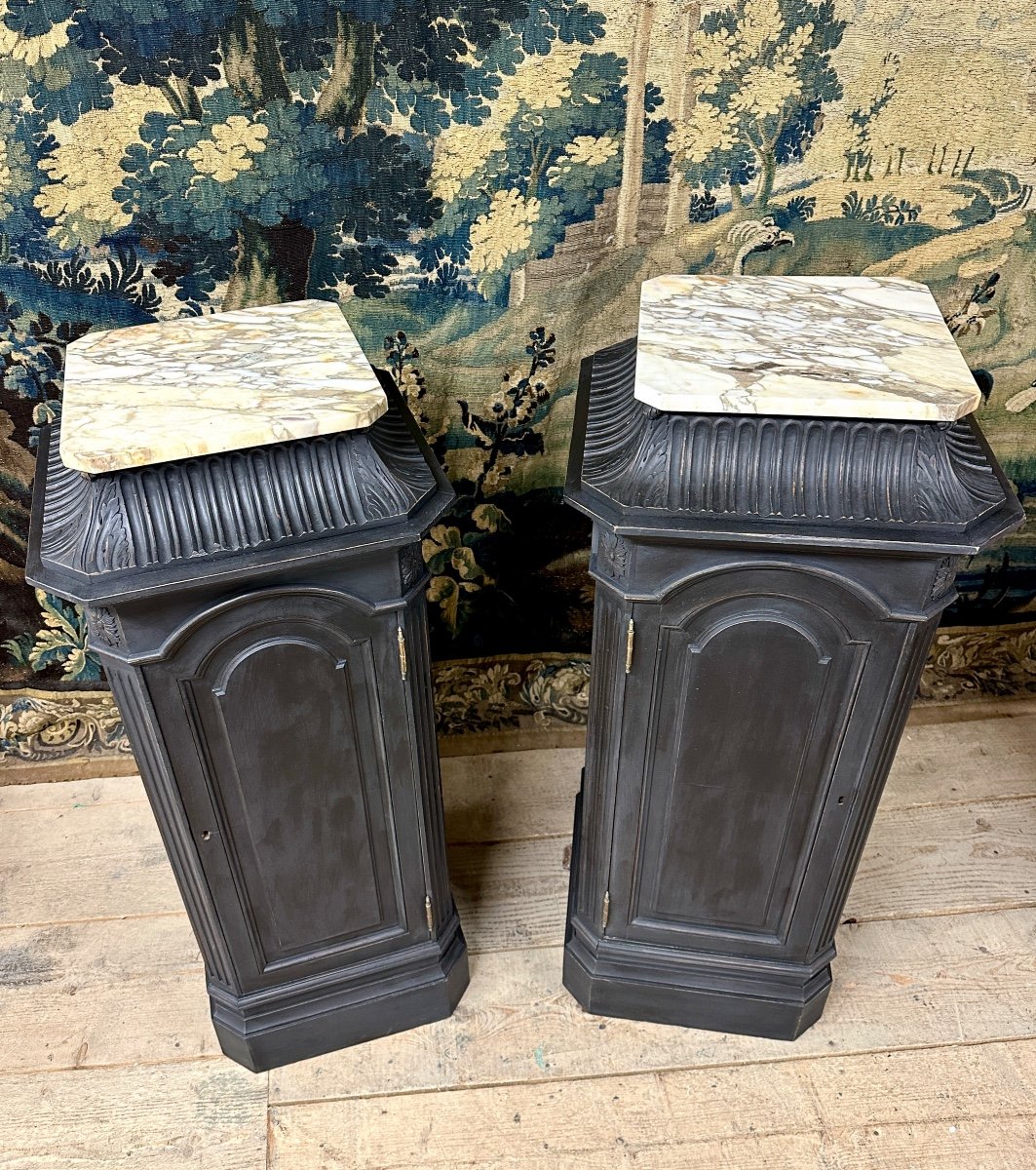 Paire De Colonnes En Bois Laqué Noir De Style Louis XVI. Travail Vers 1920. -photo-3