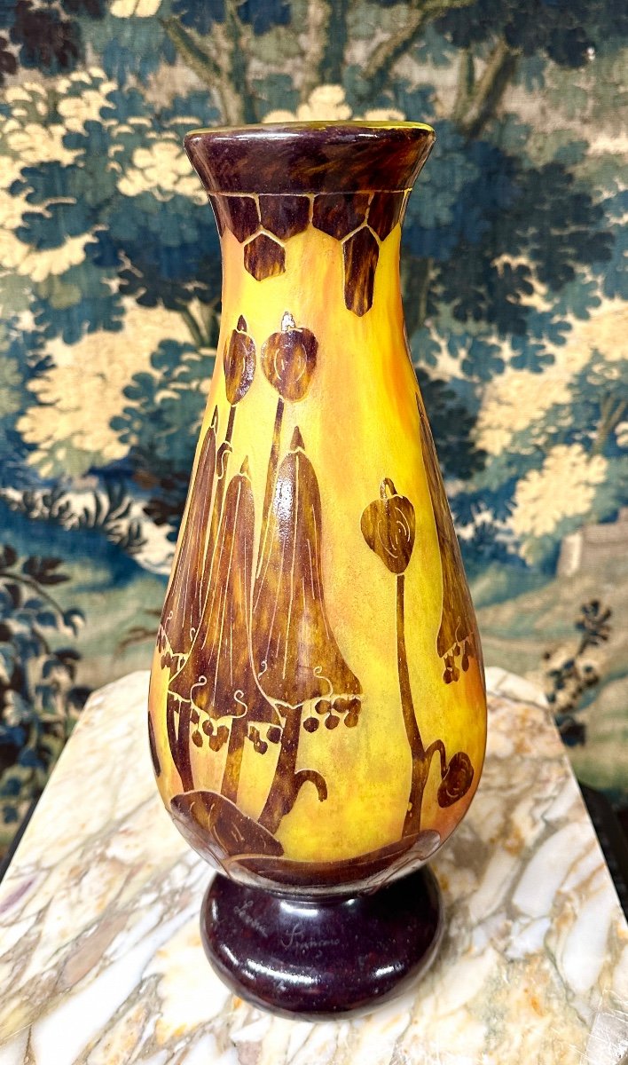 Charles Schneider Pour Le Verre Français, Grand Vase Modele Campanules, Pâte De Verre Art Deco -photo-2