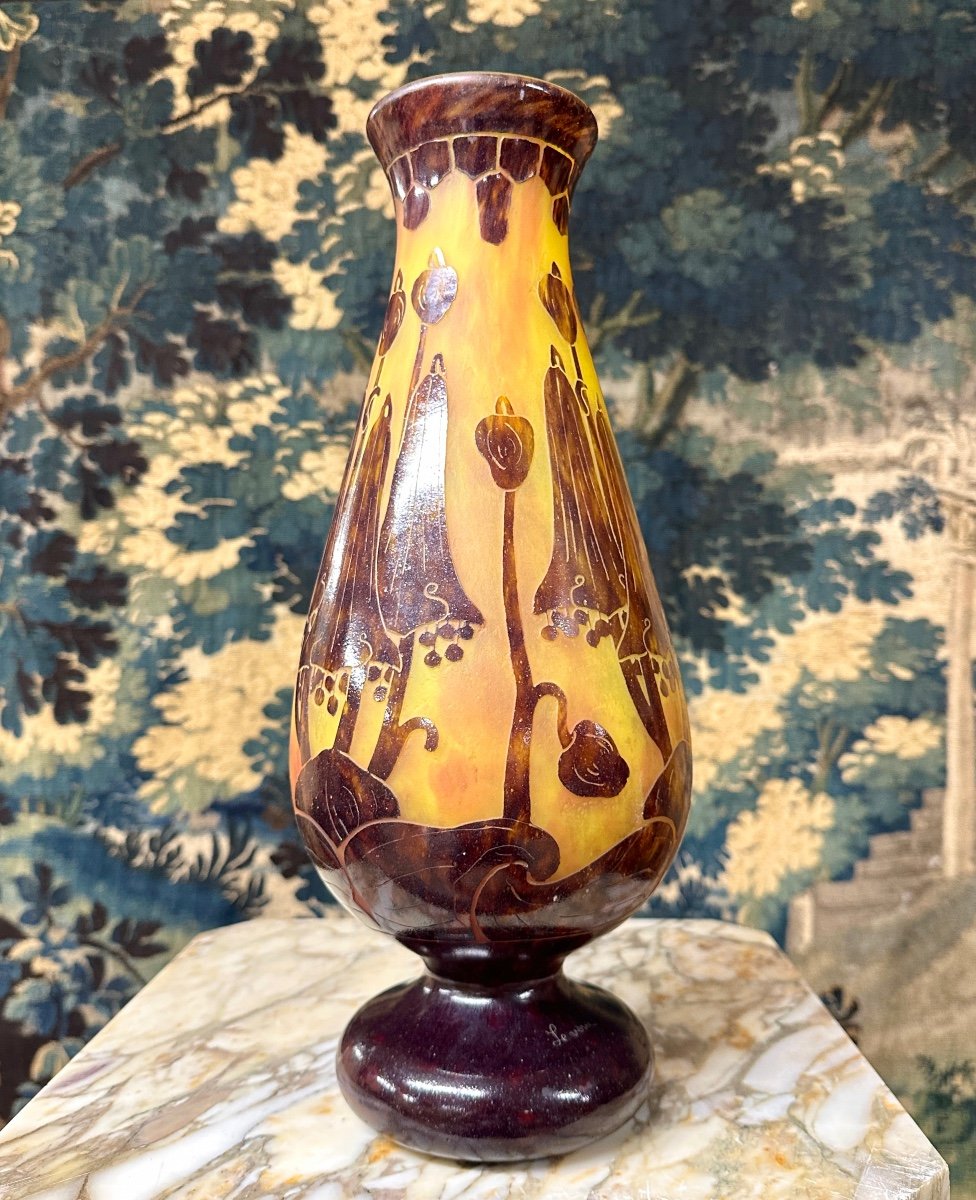 Charles Schneider Pour Le Verre Français, Grand Vase Modele Campanules, Pâte De Verre Art Deco 