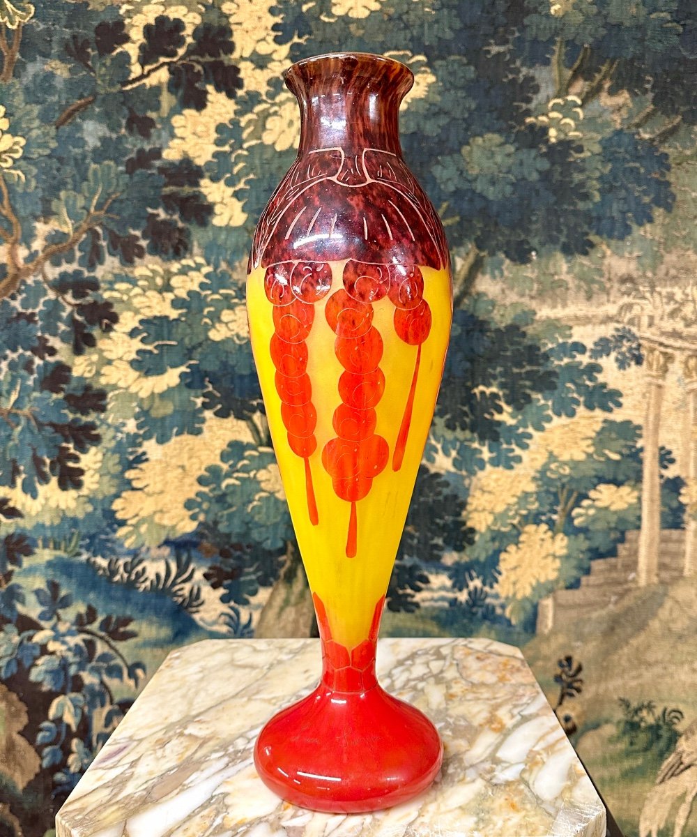 Charles Schneider For French Glass, Large Vase Modele Groseilles, Art Deco Glass Paste