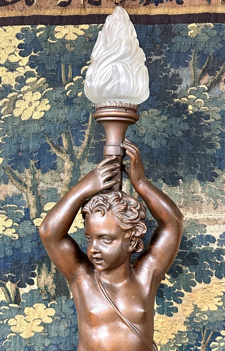 Napoleon III Period Cast Iron Floor Lamp With Baby. Indoor Statue -photo-3