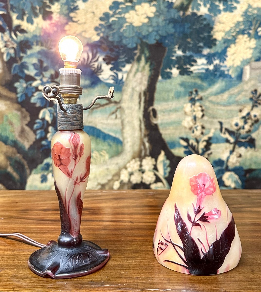 Daum Nancy - Small Lamp Or Night Light With Pink Tobacco Flowers. Art Nouveau Glass Paste-photo-1