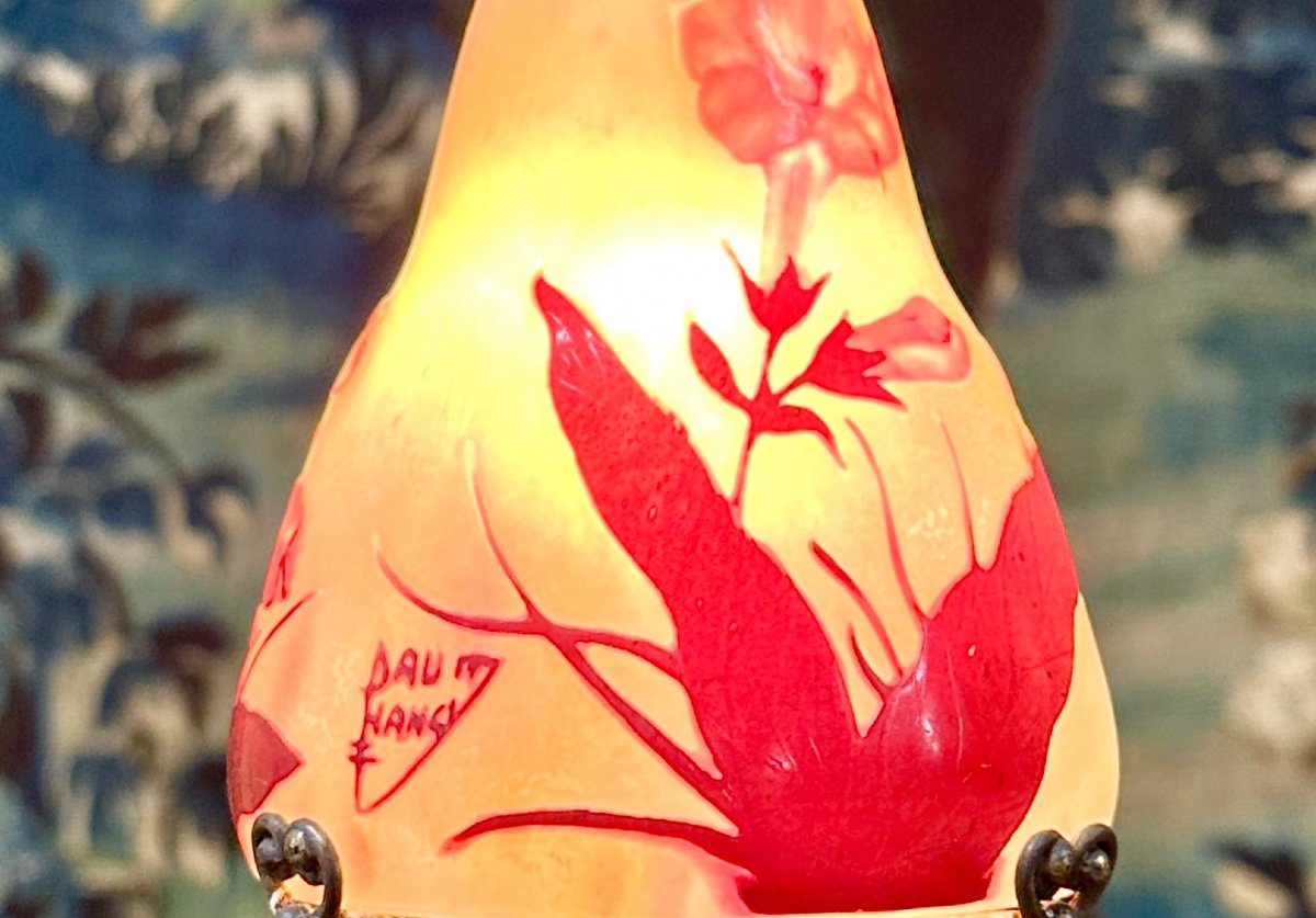 Daum Nancy - Small Lamp Or Night Light With Pink Tobacco Flowers. Art Nouveau Glass Paste-photo-3