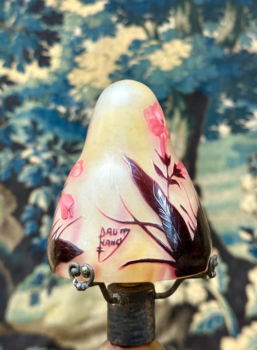 Daum Nancy - Small Lamp Or Night Light With Pink Tobacco Flowers. Art Nouveau Glass Paste-photo-5