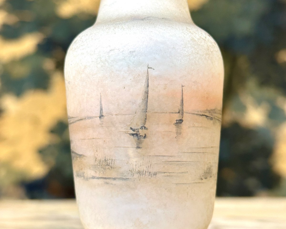 Daum Nancy - Small Enameled Vase Decorated With Landscapes And Sailboats. Art Nouveau Period-photo-3