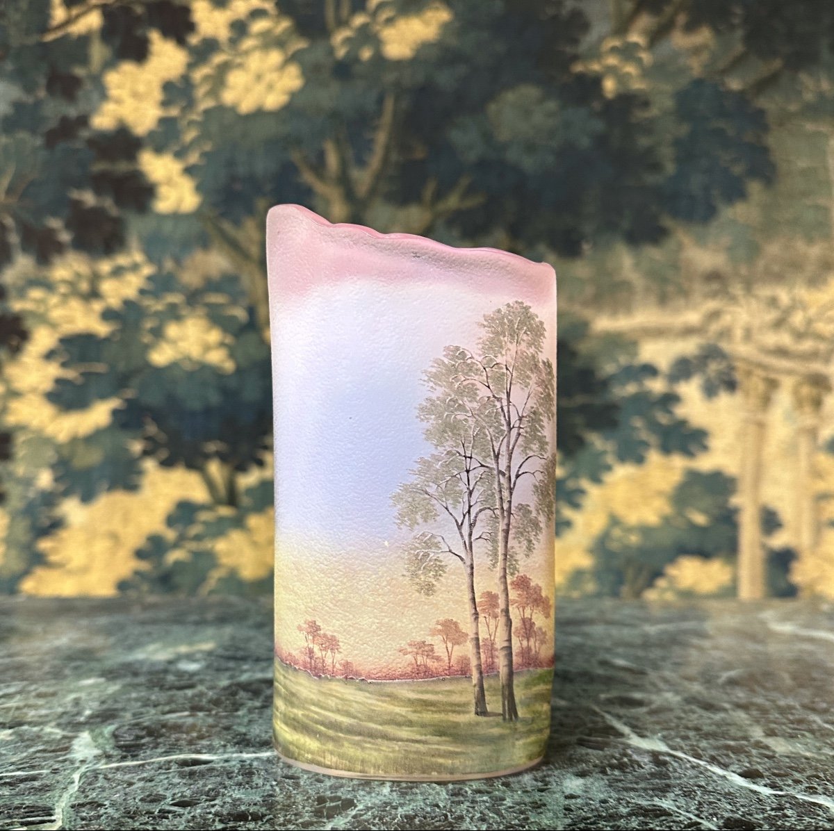 Daum Nancy - Art Nouveau Glass Pate Hot-worked Neck Vase With Forest Landscape Decor-photo-2