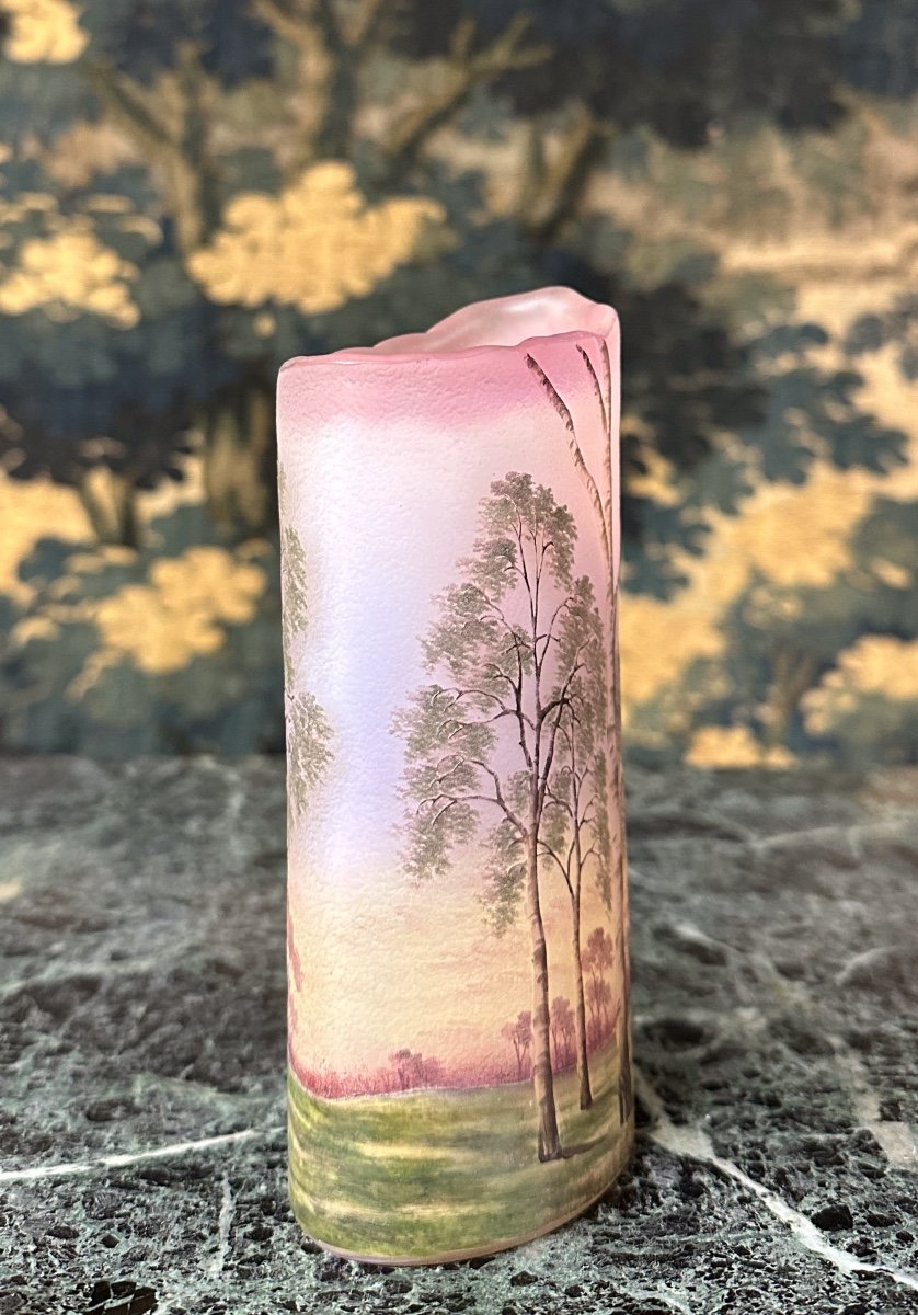 Daum Nancy - Art Nouveau Glass Pate Hot-worked Neck Vase With Forest Landscape Decor-photo-2