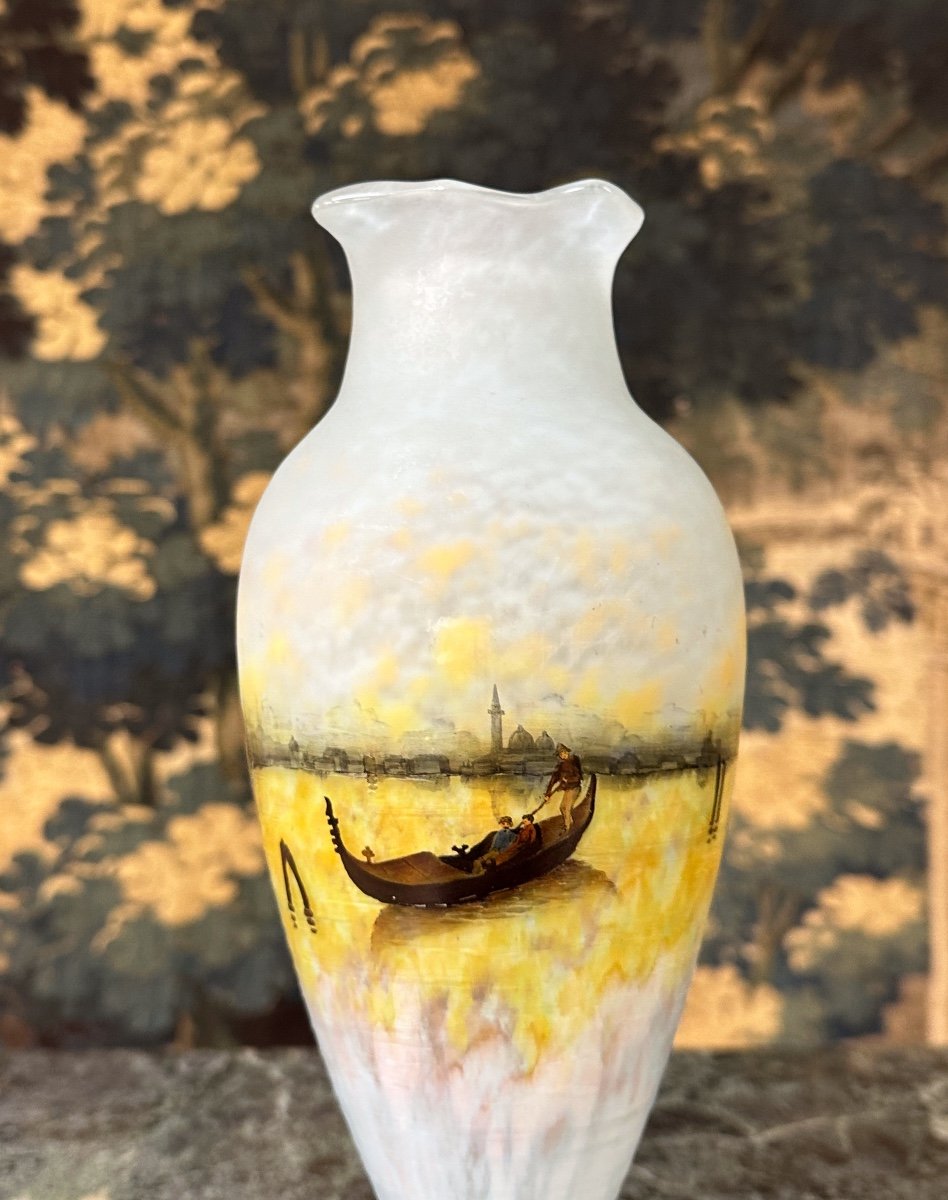 Daum Nancy - Rare Vase A Décor émaillé d'Un Paysage De Venise. Pate De Verre Art Nouveau-photo-3