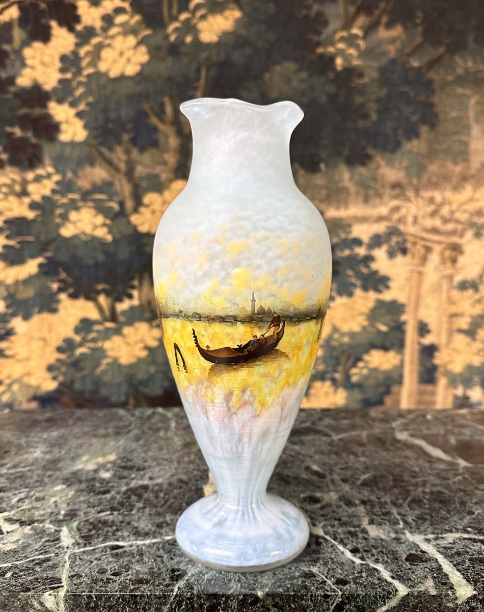 Daum Nancy - Rare Vase A Décor émaillé d'Un Paysage De Venise. Pate De Verre Art Nouveau-photo-2