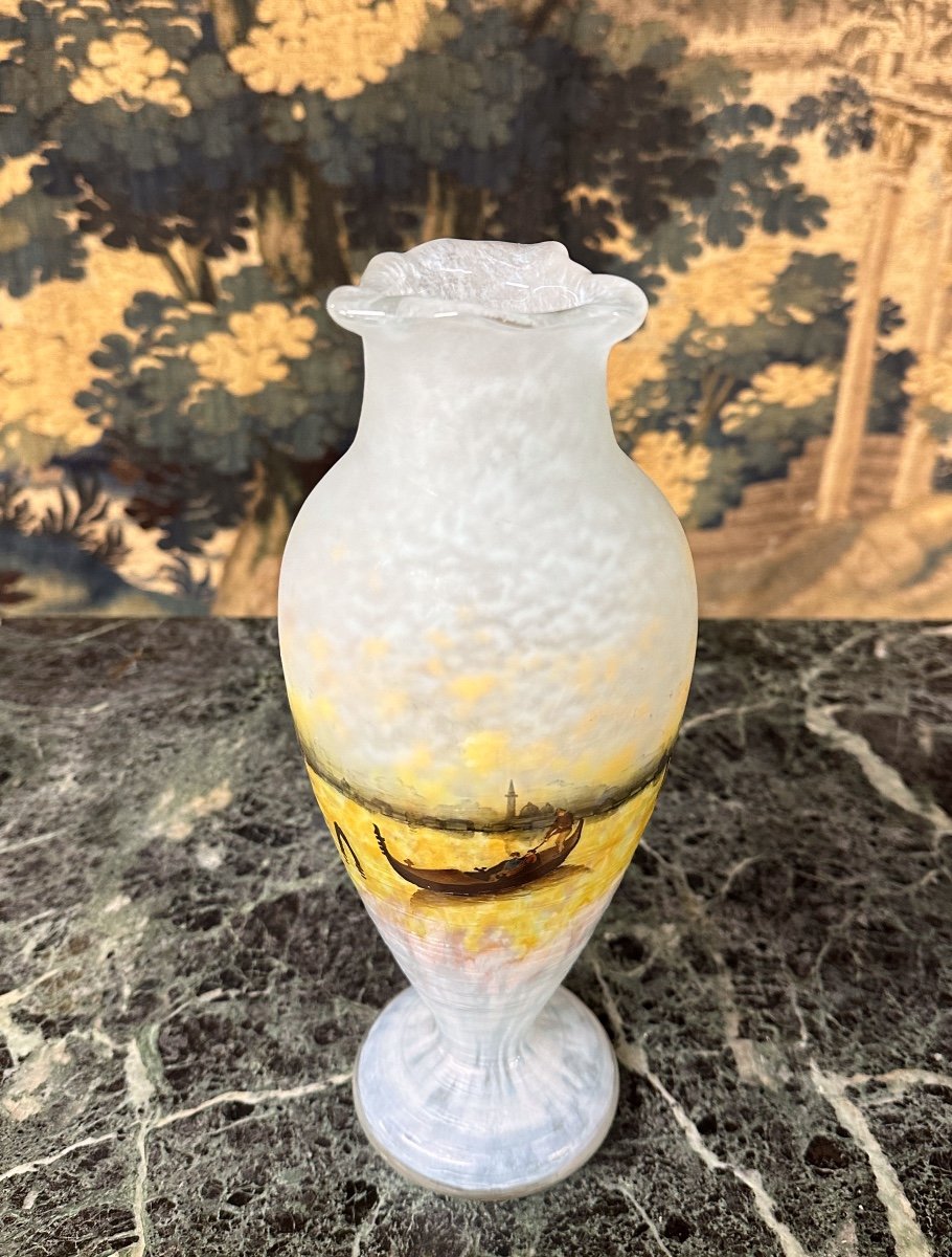 Daum Nancy - Rare Vase A Décor émaillé d'Un Paysage De Venise. Pate De Verre Art Nouveau-photo-6